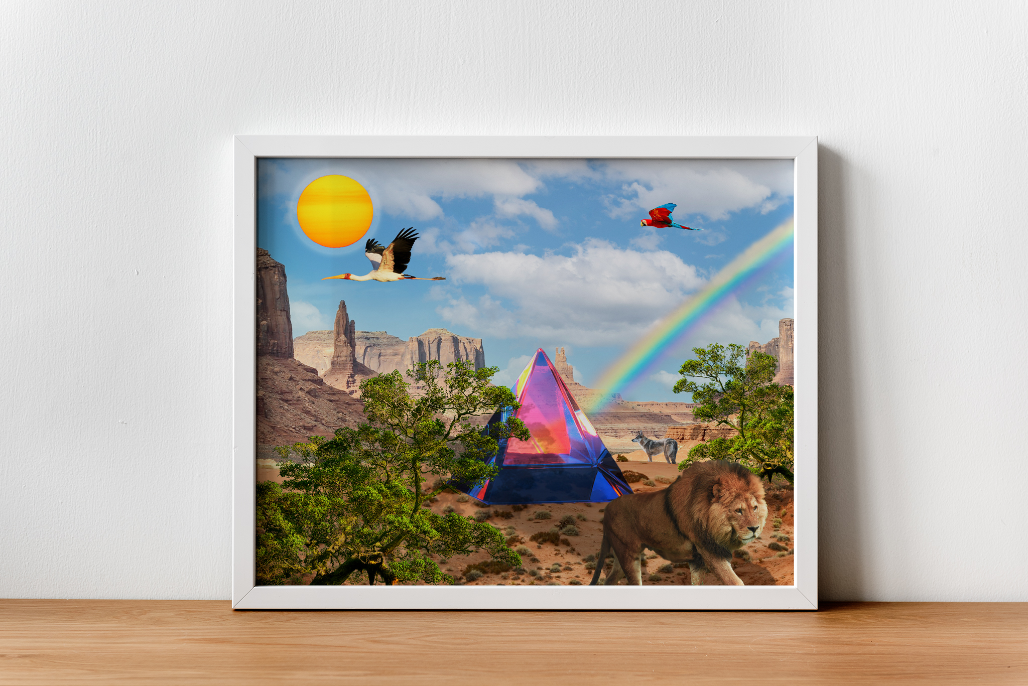 an image showing a rainbow translucent triangle in the middle with animals in the foreground and background