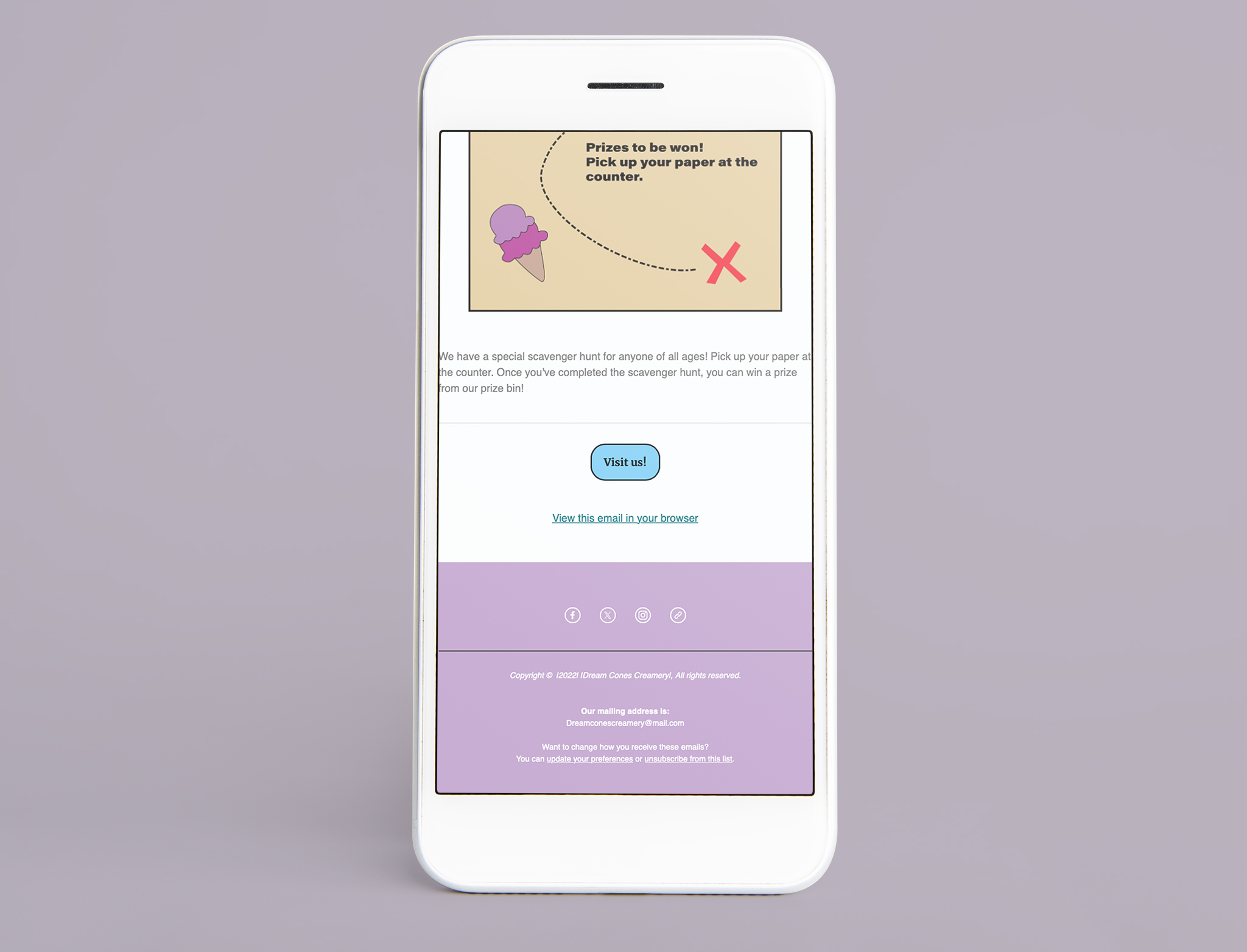 A phone mockup showcasing the business "Dream Cones Creamery" newsletter. 