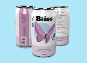 A lilac purple soda can with the flavour "lavender and blueberry". There is an illustration of a butterfly in the middle