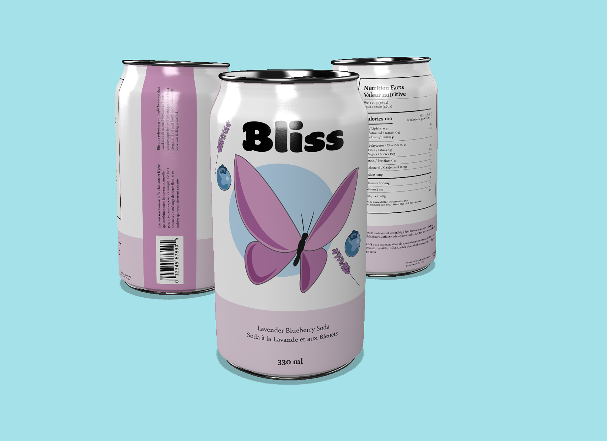 A lilac purple soda can with the flavour "lavender and blueberry". There is an illustration of a butterfly in the middle