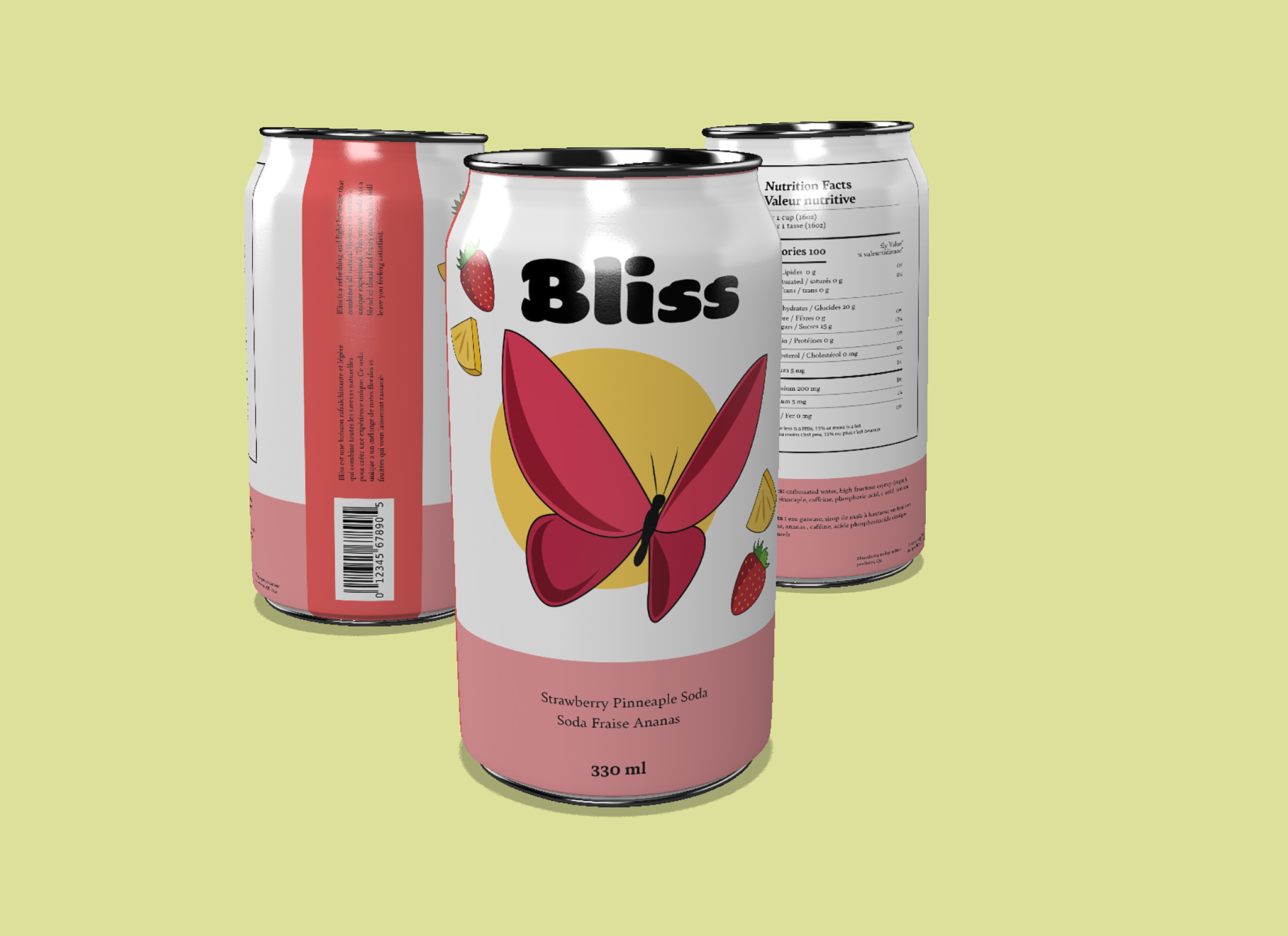 A red soda can with the flavour "lavender and blueberry". There is an illustration of a butterfly in the middle