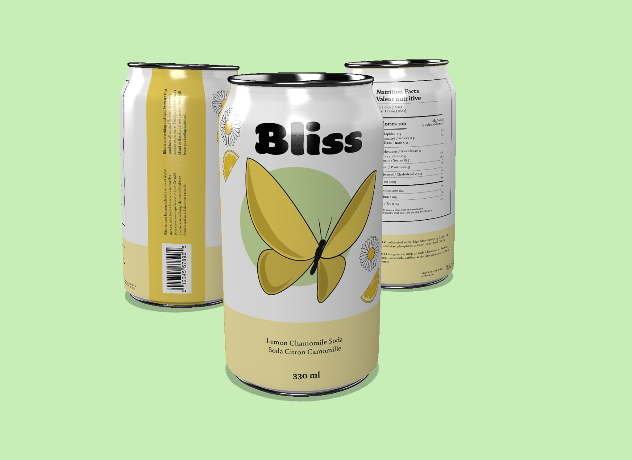 A yellow soda can with the flavour "lavender and blueberry". There is an illustration of a butterfly in the middle