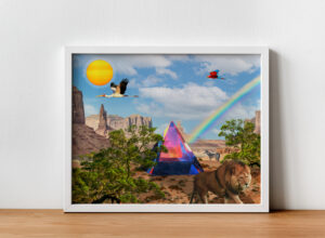 an image showing a rainbow translucent triangle in the middle with animals in the foreground and background