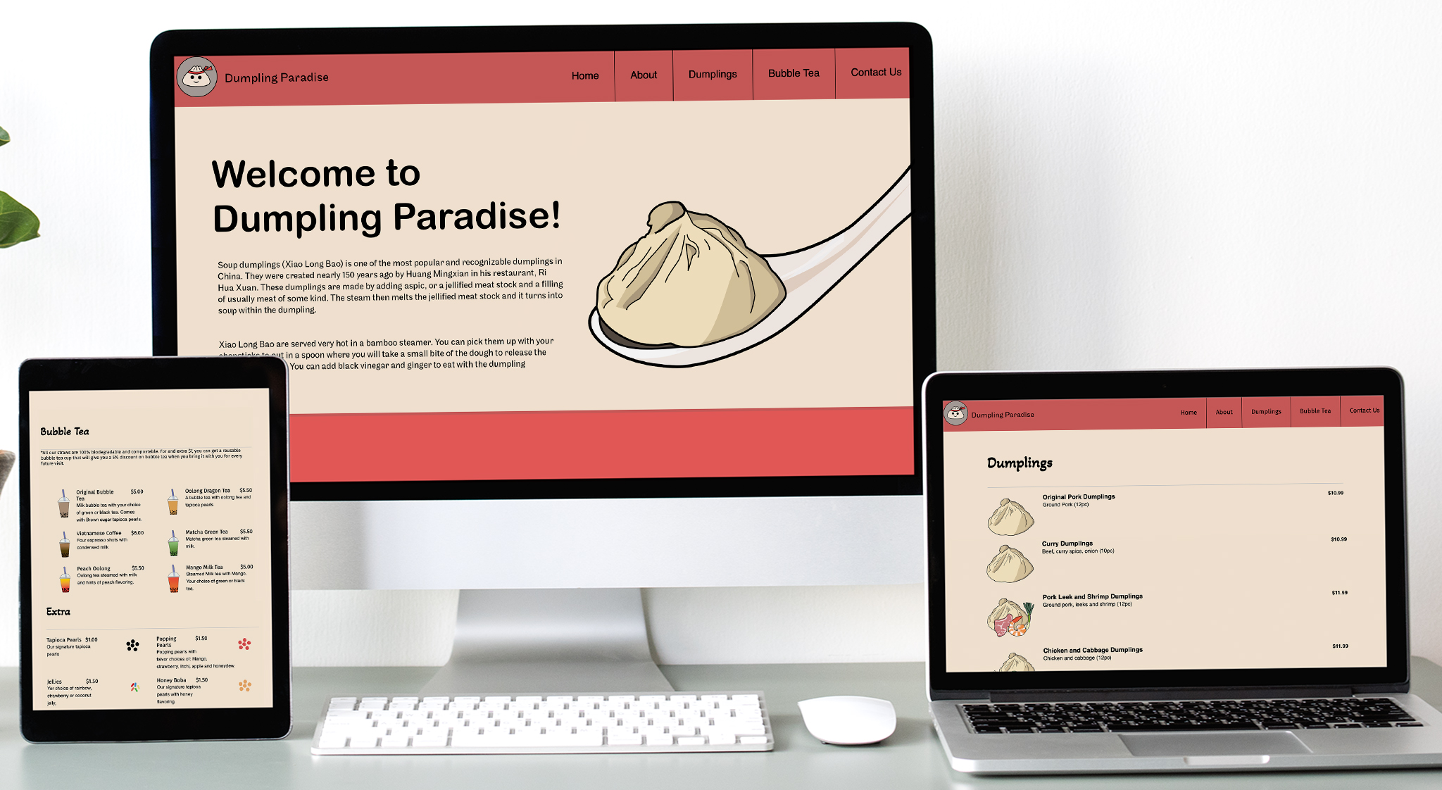 Three responsive devices showcasing the website "Dumpling Paradise"