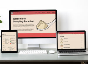 A mockup showcasing three different displays showing the website "Dumpling Paradise"
