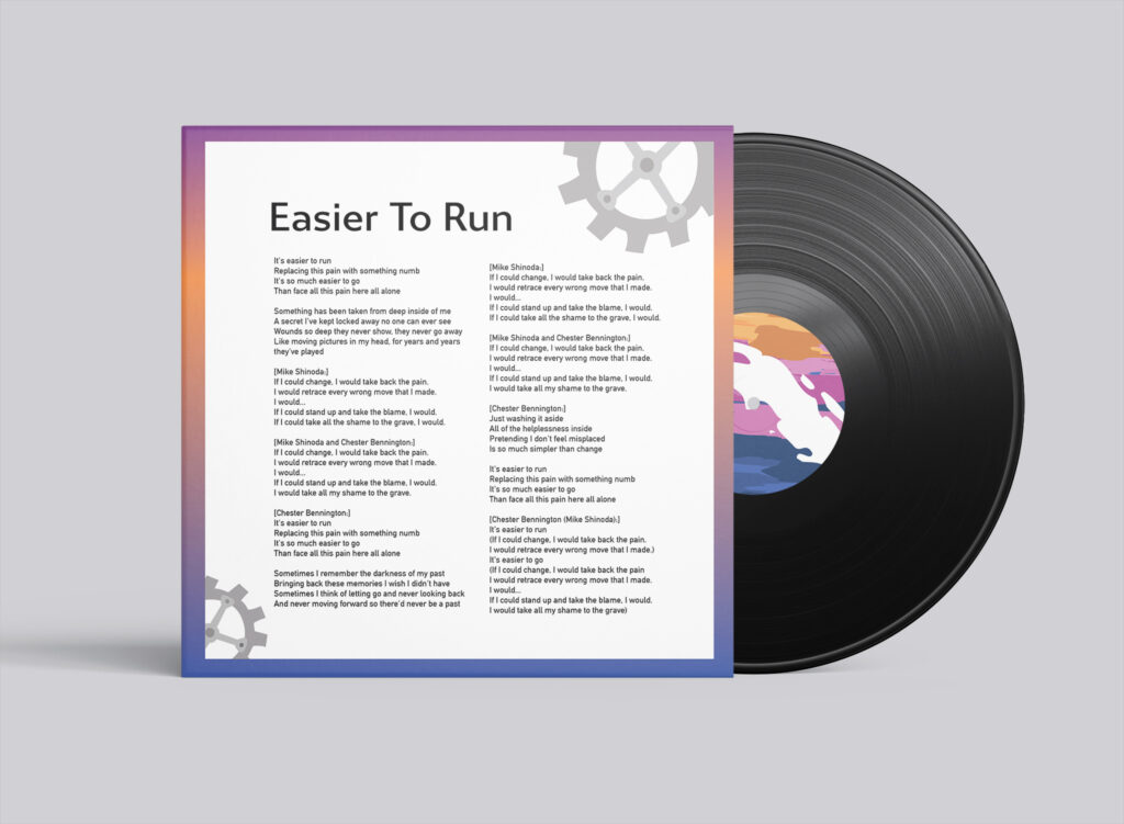 The back of the inner sleeve for the album "Meteroa" by Linkin Park with the song "Easier to Run"