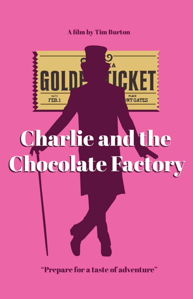 A poster of Charlie and the Chocolate Factory with a silhouette illustration and the golden ticket