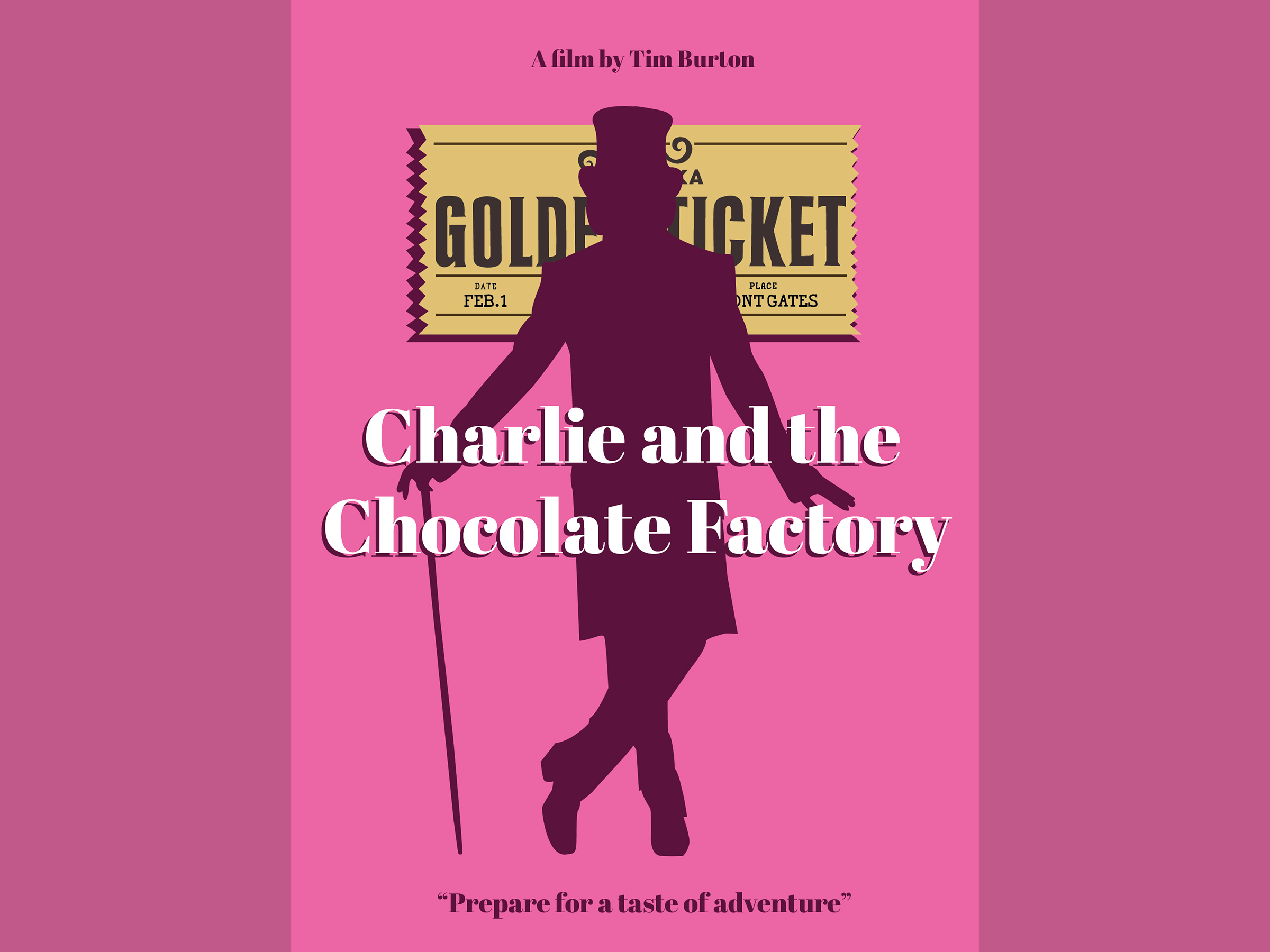 A poster of Charlie and the Chocolate Factory with a silhouette illustration and the golden ticket